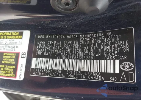2011 Toyota Corolla Le from USA, damaged, VIN 2T1BU4EE6BC562681